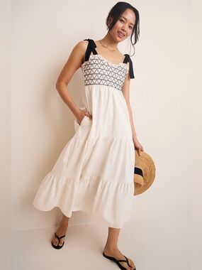 Audrey Parks Dakota Smocked Tiered Midi Cream Dress with Black Embroidered Bodi